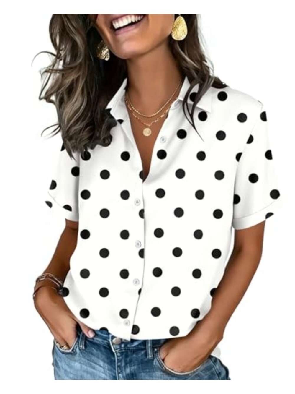 Women's Button Down Blouse Short Sleeve V Neck Polka Dots Work Top